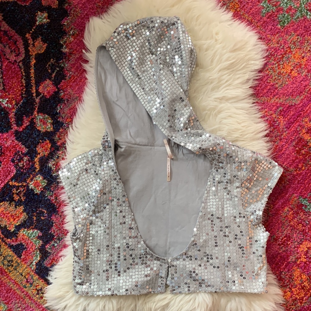 Free People Silver Sequin Cropped Hooded Shrug